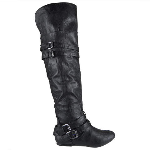 Womens Knee High Boots Fold Over Cuff Buckle Accents Casual Riding ...