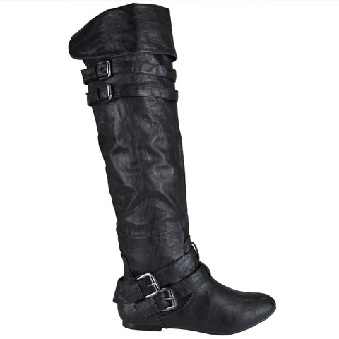 Womens Knee High Boots Fold Over Cuff Buckle Accents Casual Riding ...