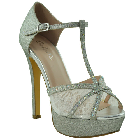 Womens Dress Shoes T Strap Rhinestone Embellished Mesh Glitter Platform ...
