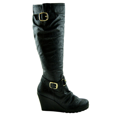 ladies black leather wedge boots