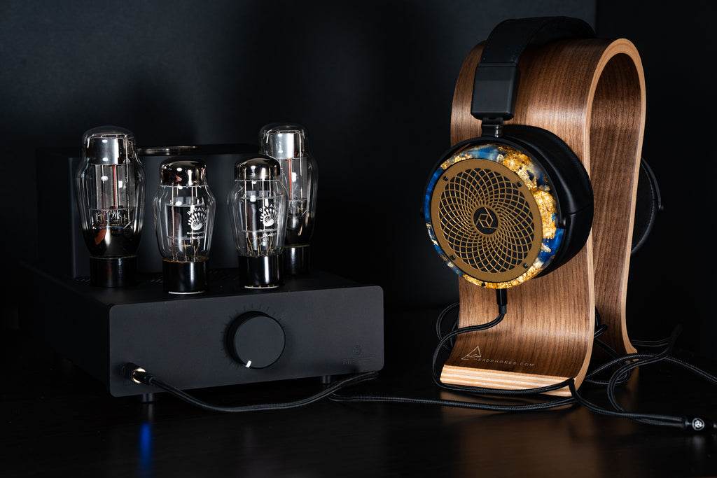 Headphones.com Wooden Omega Headphone Stand with Rosson Audio Design RAD-0 & Feliks Audio Elise Headphone Tube Amplifier