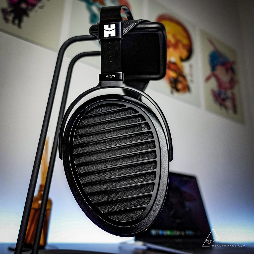 Hifiman Arya side view on headphone stand | Headphones.com