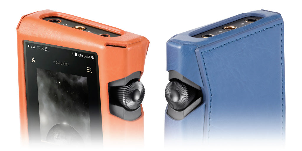 Astell&Kern SR25 MKII Leather Case, black, orange & denim blue - closeup | Headphones.com