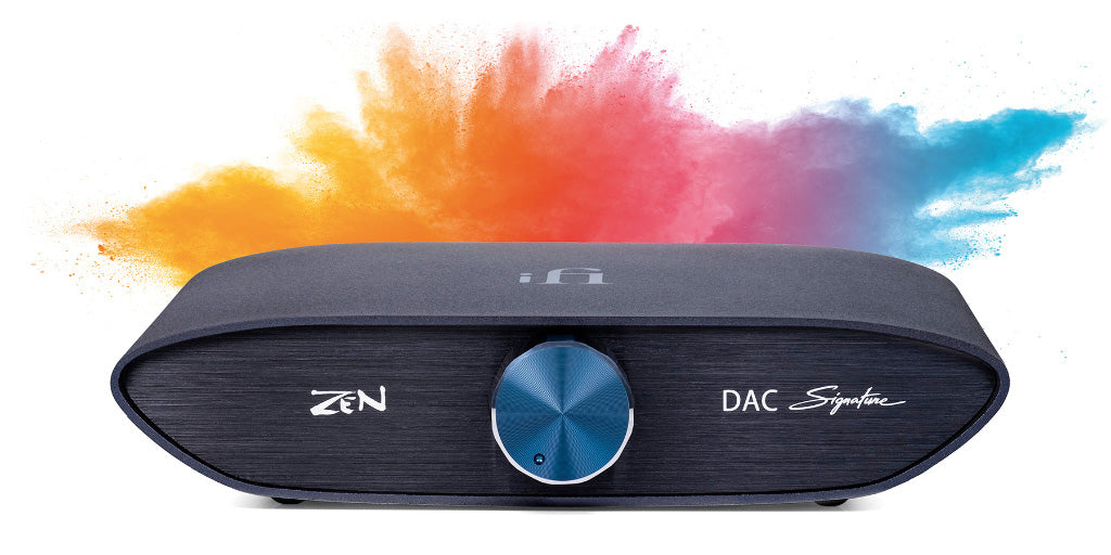 ZEN DAC Signature V2, DAC v2 unit with rainbow splash behind it | Headphones.com
