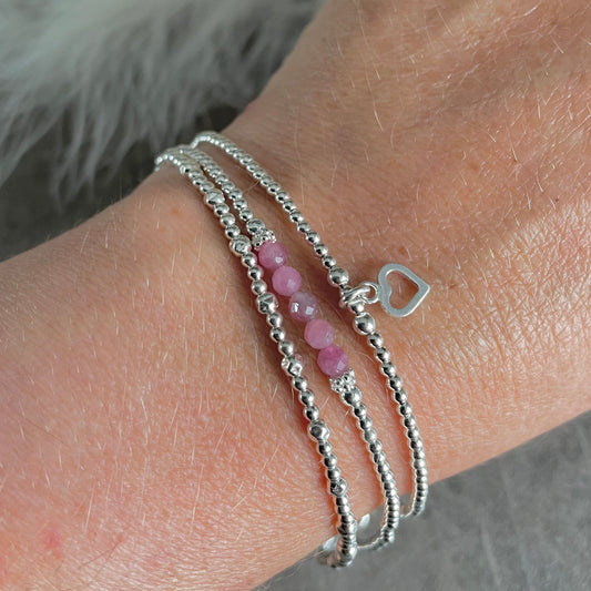 Pink Opal Heart Beaded Bracelet Silver / Small