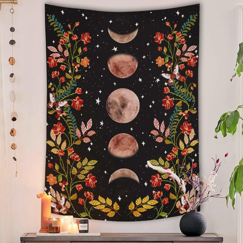 Moon Phases Floral Tapestry Wall Hanging