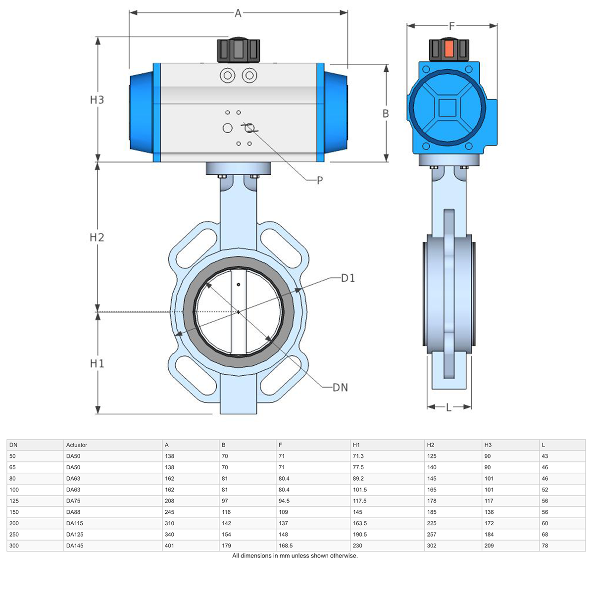 GO Butterfly Valve Actuated Spring Return Pneumatic CI Body 316 SS Dis