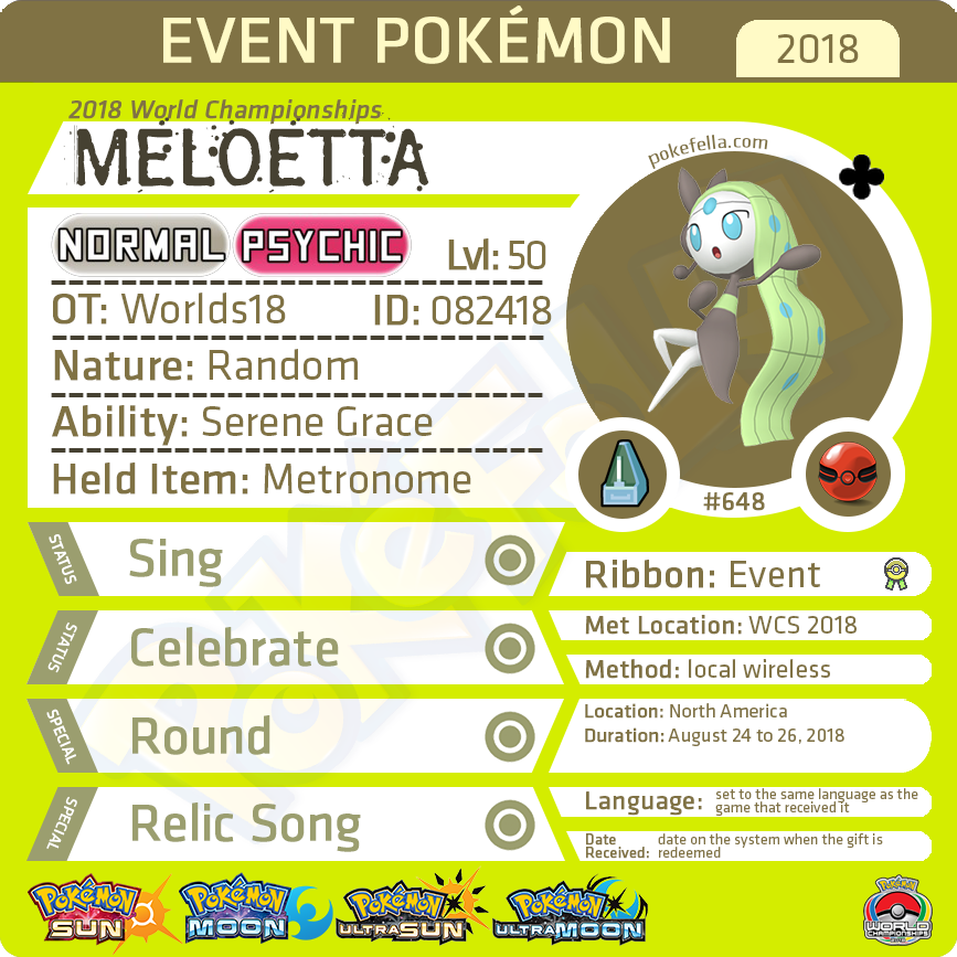 18 World Championships Meloetta Ot Worlds18 Id No 0418 Nor Pokefella Pokemon Genning Editing Trading Services