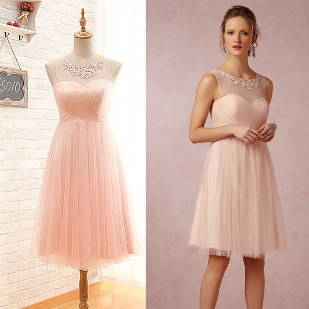 Cute Short Light Pink Blush Bridesmaid Dresses Cheap Empire Tulle Brid