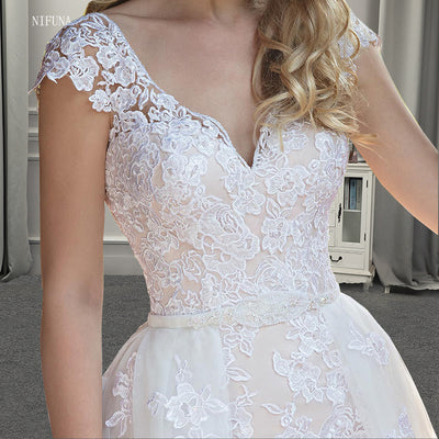 Cheap Bridal Gowns Detachable Train Luxury White Lace Wedding Dresses