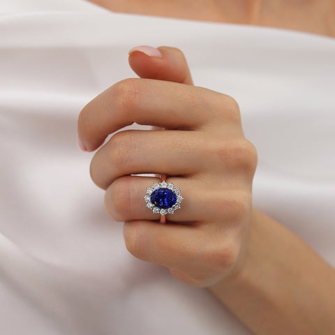 Diana 3.94ct 10x8mm Oval Cut Chatham Blue Sapphire & Lab Diamond 18k Rose Gold Halo Two Tone 950 Platinum Basket Ring Lily Arkwright (Edited)