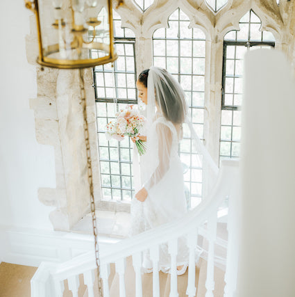 bride walking to her wedding in a veil 