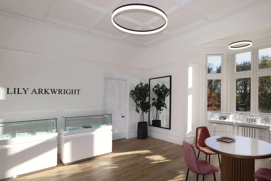 Inside Lily Arkwright ethical diamond moissanite and gemstone rings and fine jewellery Showroom in Manchester