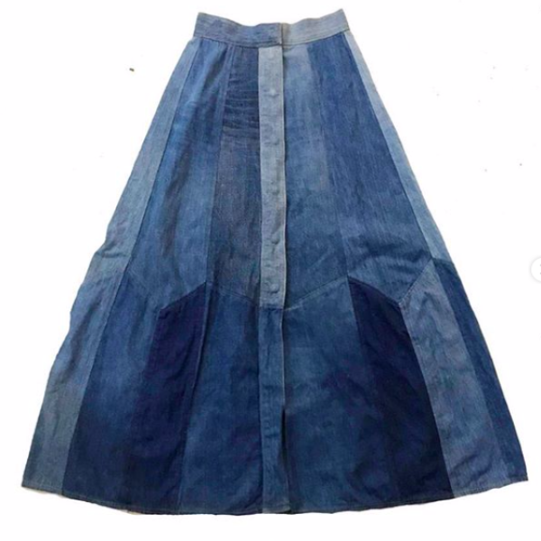 patchwork denim maxi skirt
