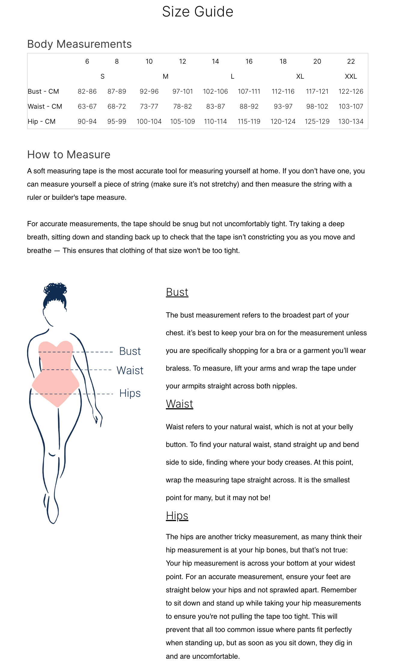 Elm Lifestyle Size Guide