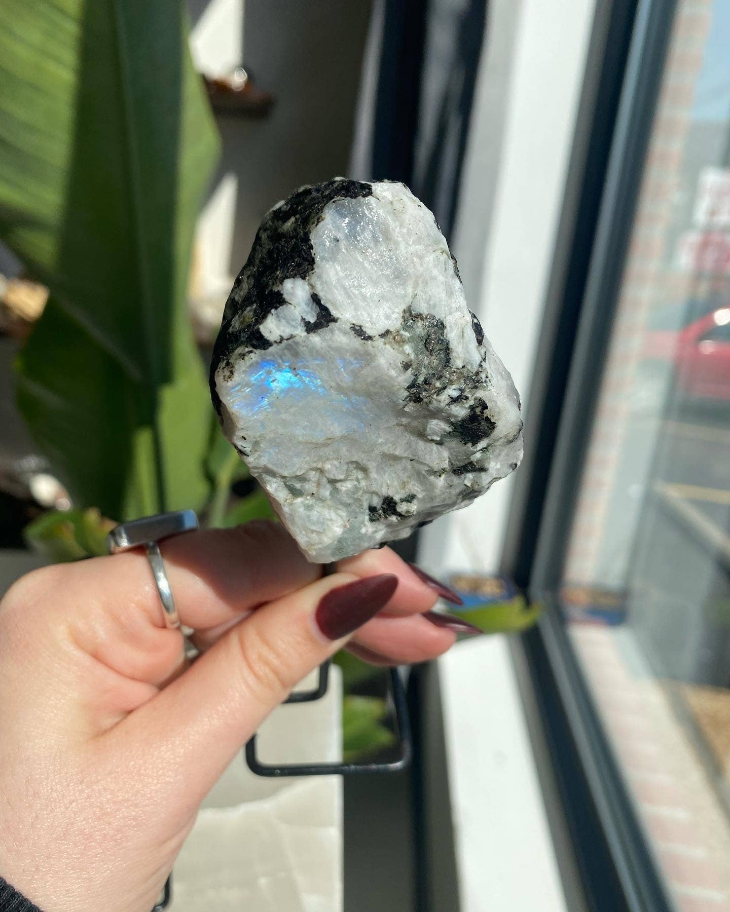Raw Rainbow Moonstone Crystal On Stand