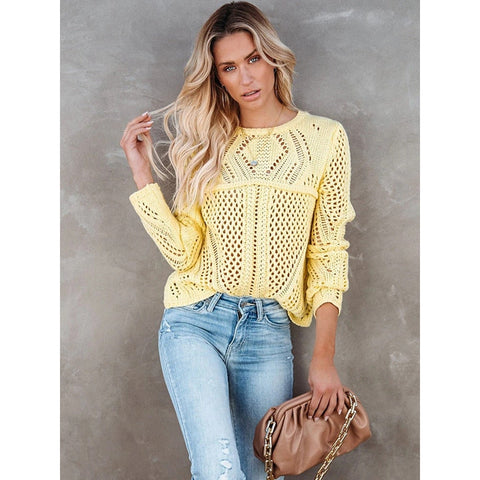Yellow buttercup spring sweater with long sleeves and pretty eyelet design, What to Wear on Vacation With His Family, ShoptheKei.com
