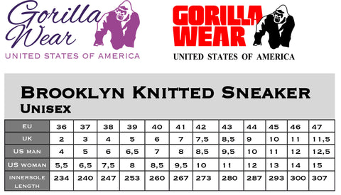 gorilla wear brooklyn knitted sneakers size chart sheet