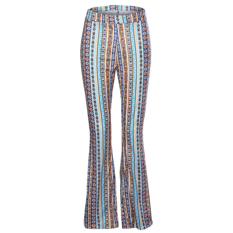 Striped Boho Hippie Flare Pants High Elastic Waist Vintage Soft Stretc ...