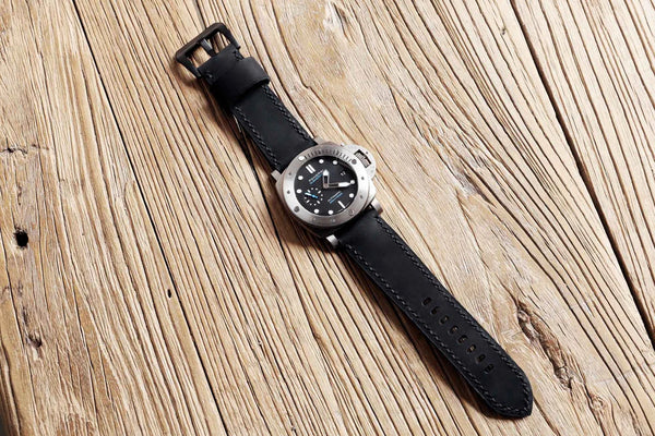 All black hand stitch wide leather watch bands straps