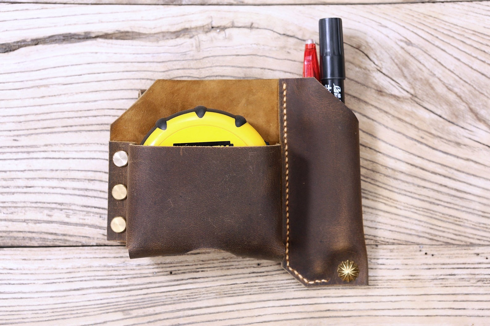 Personalized full grain Leather tape measure belt clip holster