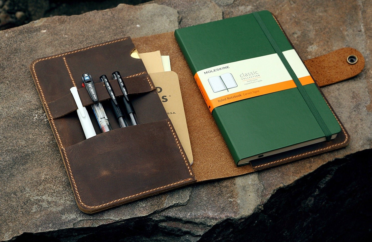 Personalized leather moleskine cover with pen holder – DMleather