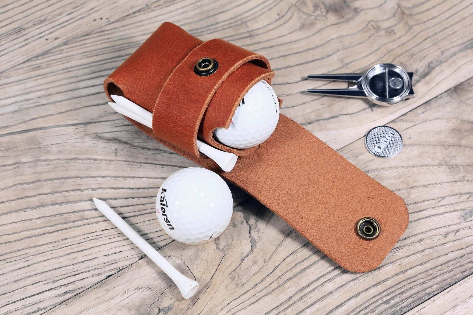 Veg tan leather Golf Ball tee pouch holder bag, golf gifts for men