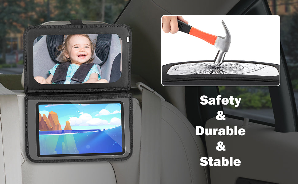 Baby Car Mirror with Tablet Holder, Baby Mirror Car Organizer with Wide View Shatterproof