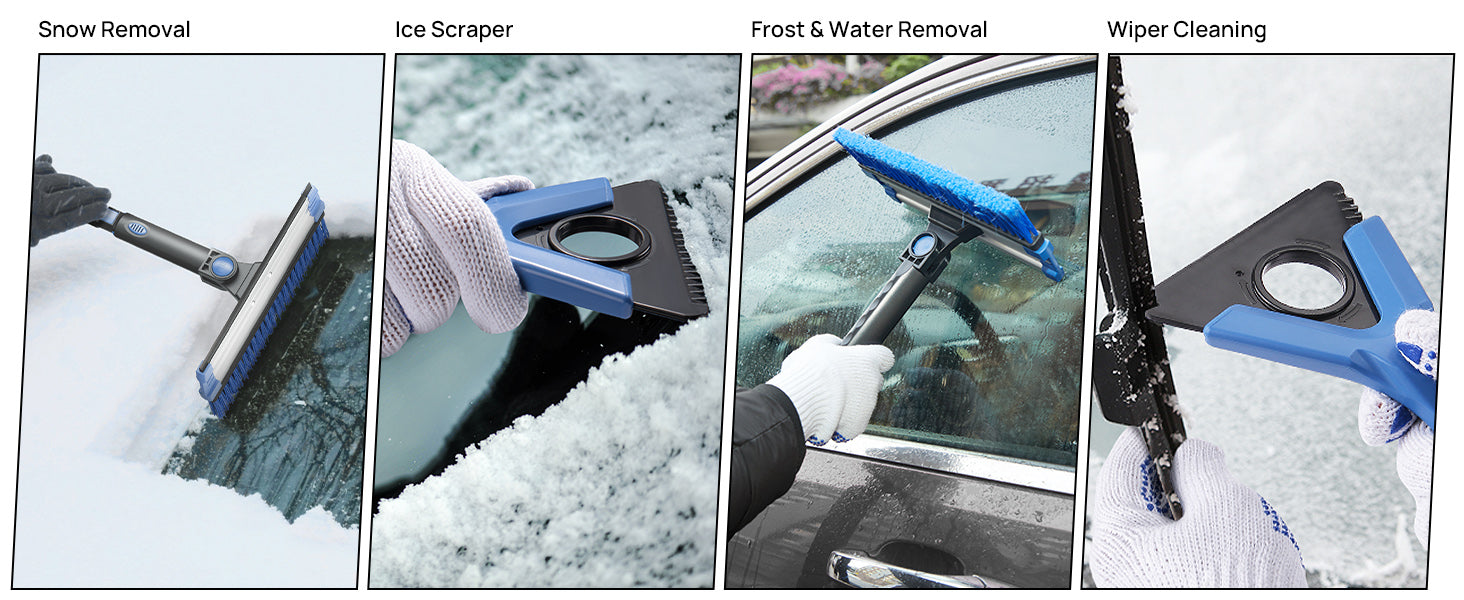 💙 【Durable & Sturdy 】The car snow brush is made of new and upgraded high-quality solid ABS material, which will not damage the paint and glass of the car. It is more durable, more stable, and has a long service life. Don't worry about breaking, it will accompany you through many winters. ✅Note: It is highly recommended to wear gloves when installing and using the snow scraper. 💙 【5-in-1 Design】The snow scraper for car with squeegee has four functions: snow removal, frosting removal, shovel ice and wiper protection. Car snow broom saving you time and money. ✔ This snow brush and ice scraper extendable can be used on the vehicle's windshield, roof, windows and the entire vehicle surface. Note: When you need to replace the snow shovel blade, you need to pay attention to the correct installation of the card slot. 💙 【Multi-Size & Convenient】61" car extendable snow scraper with brush can be rotated 270°, all total of 7 angles, freely retractable length, shovel multi-function. The car ice scraper shovel takes small storage space, can be quickly disassembled and the space inside the car is too large, saving time and money, and ice scrapers for car windshield is suitable for many types of vehicles. 💙 【Time Saving & Happy】The telescoping snow car brush scraper is designed for snow removal, triangular aluminum rod and scientific labor-saving design. The handle of the car snow shovel is foam non-slip, easy to operate and control, saving time. Participating in snow sweeping with your family is a loving moment and you should have this happiness. 🎁 【1-Year Quality Support】The snow scraper with brush is provided by JoyTutus for one-year product quality support. The package includes 1*Snow Brush; 1*Shovel; 1*Store Bag; 1Pair Gloves; 1*Towel; 1*Scraper; 1*Manual.