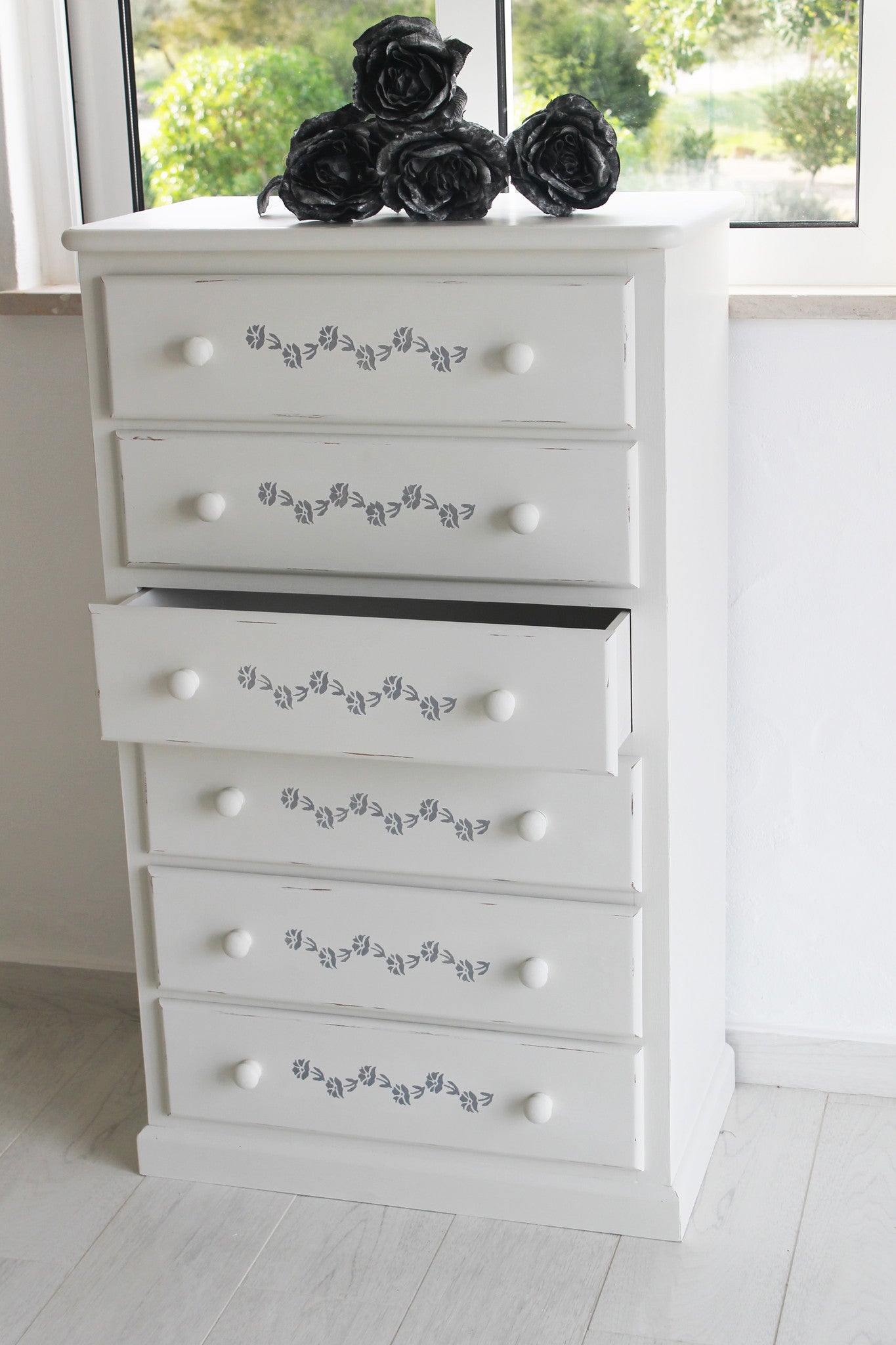 Cream Distressed Chest Of Drawers With Silver Stencilling