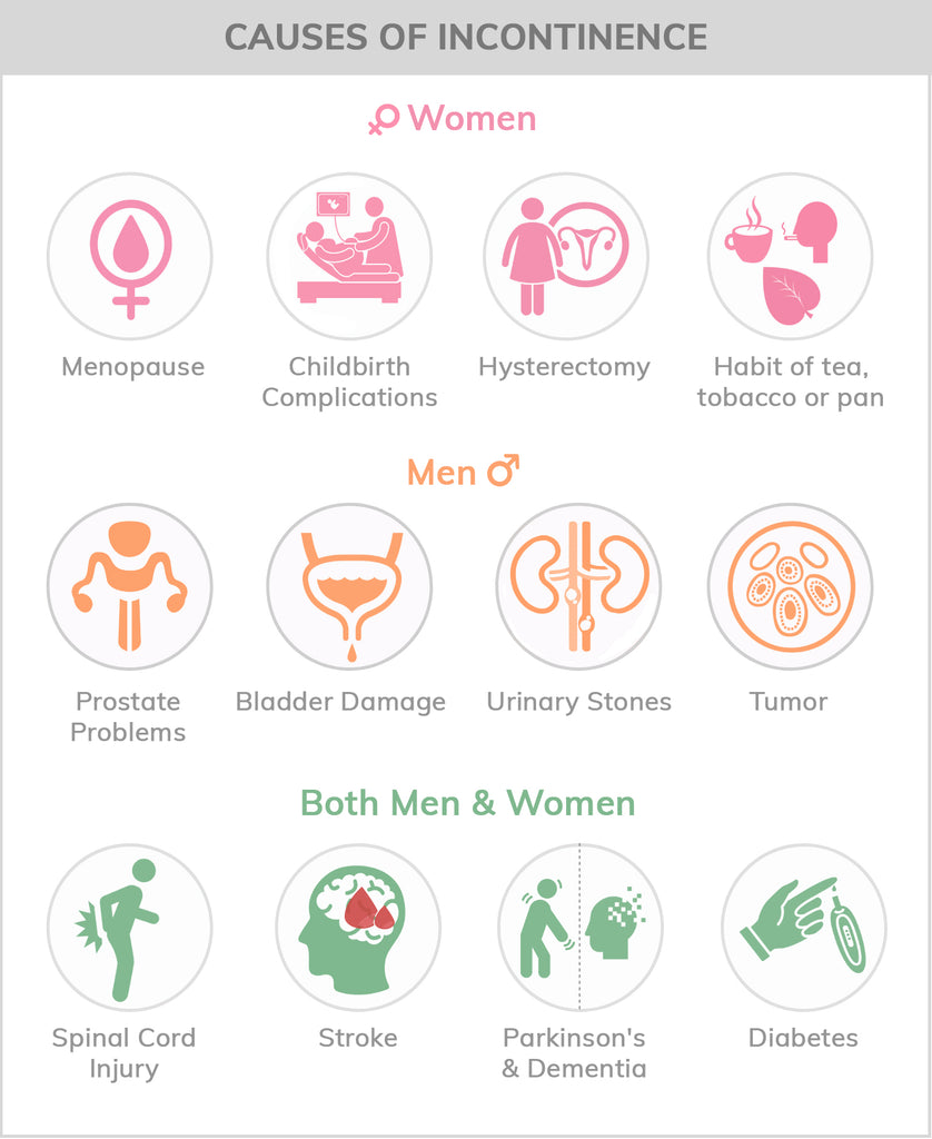 infographic on the causes of urinary incontinence in men, women and common causes for both men and women