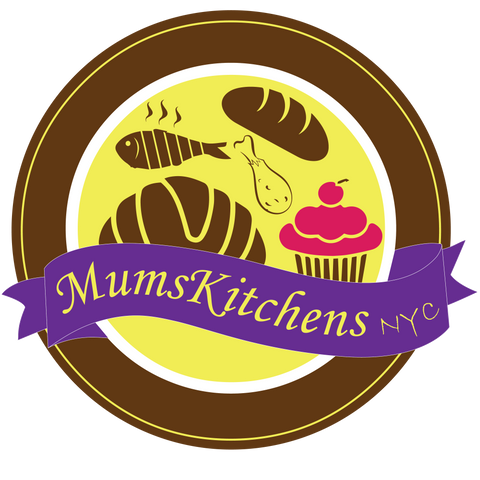 MumsKitchens NYC logo circular with yellow background purple and yellow writting with loaves of bread a fish and a cupcake in the center