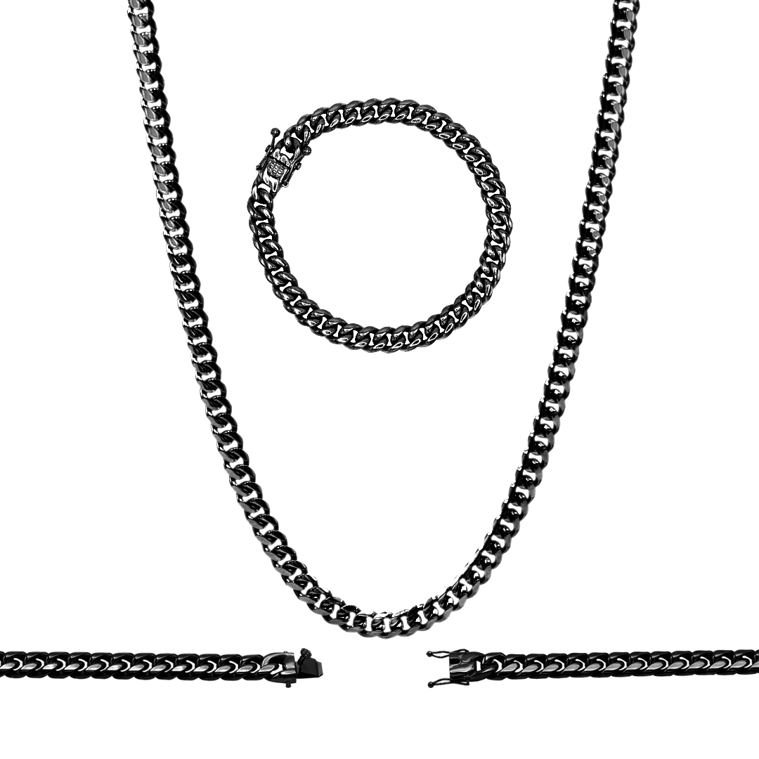 Cuban Link Chain Black Curb Necklace 30" Bracelet 8.5" Stainless Steel Set For Men