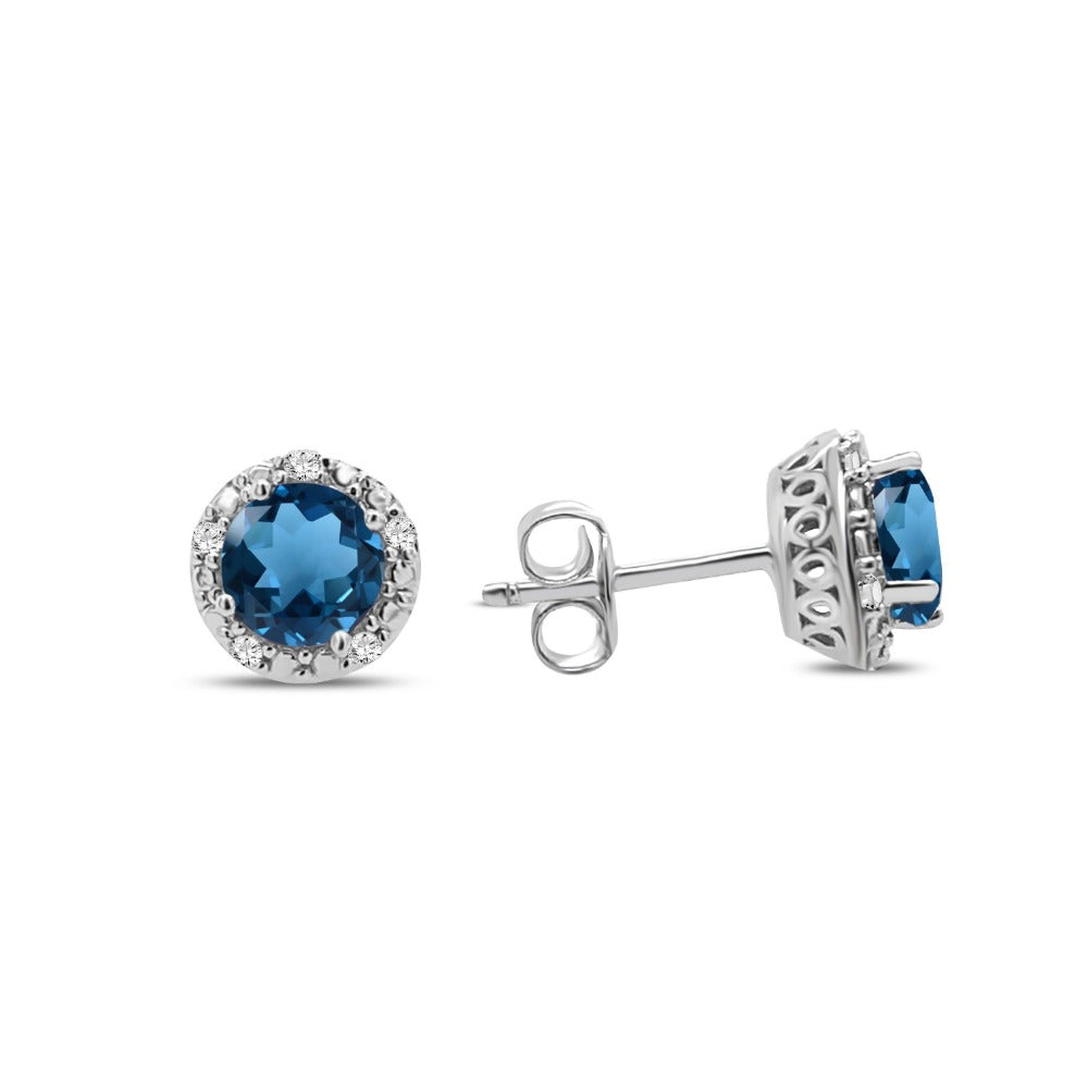 2.00 Carat London Blue Topaz & Diamond Halo Earrings in Sterling Silver