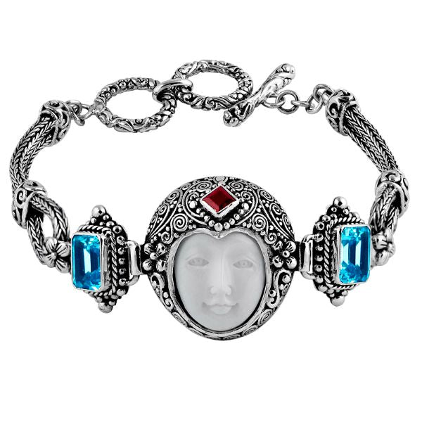 AB-6010-CO1 Sterling Silver Bracelet With Garnet, Bone Face, Blue Topaz