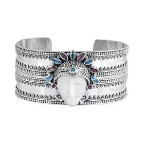 SB-2257-CO1 Sterling Silver Cuff With Blue Topaz Q., Garnet Q., Bone Face