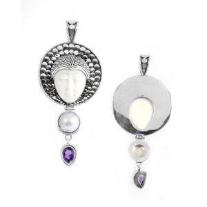 SP-5655-CO1 Sterling Silver Pendant With Fresh Water Pearl, Bone Face, Amethyst Q. Jewelry Bali Designs Inc 