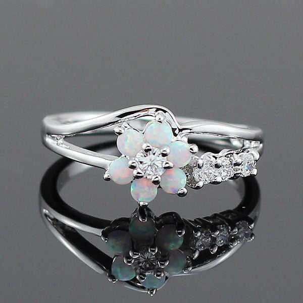 White Fire Flower Opal Ring
