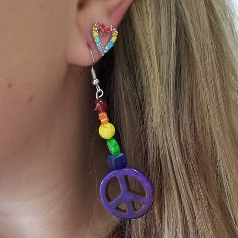 Rainbow peace earrings and rainbow heart stud earrings