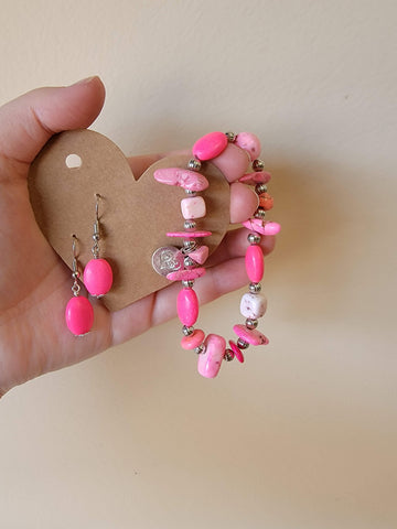 Custom pink stone bracelet and earrings