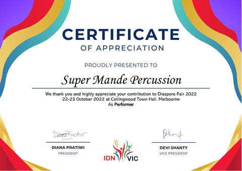 Certificate from IDN for African drumming academy student performance