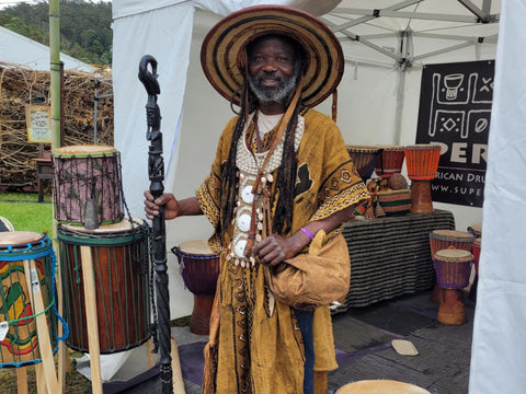 African drums market stall with Mady Keita at Woodford Folk Festival