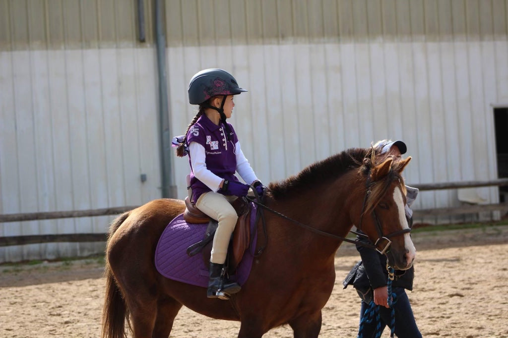 Arianna Johnson in purple outfit riding her brown horse