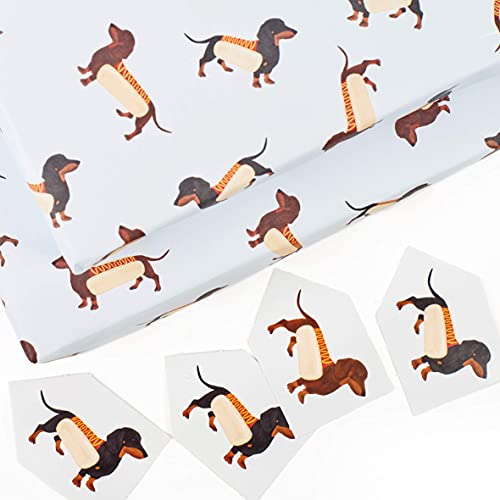 Dog Wrapping Paper - 6 Sheets of Gift Wrap - 'Sausage Dogs' - Blue Gift Wrap - For Boys Girls Him Her Men Women