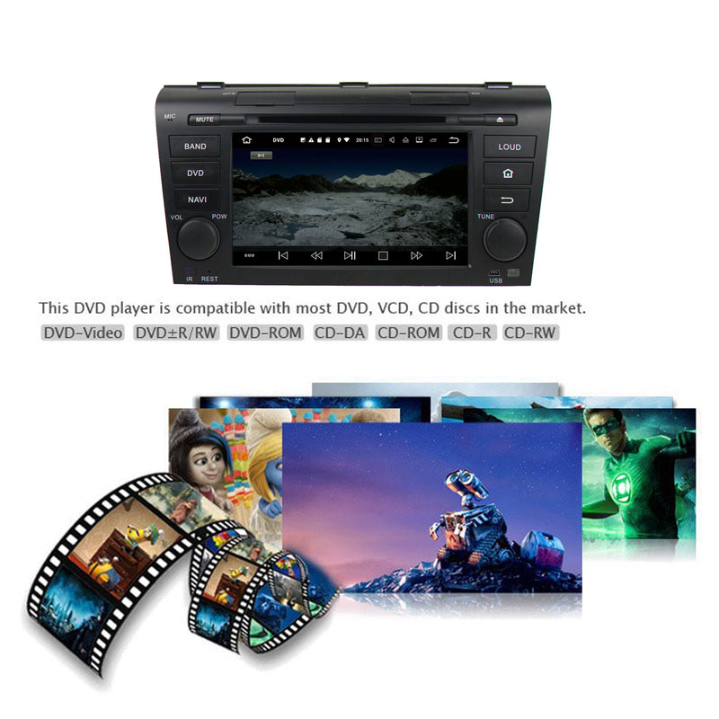 7 Inch Android 7.1 2 Din Autoradio Stereo Navigation Headunit for Mazda3 2004 2005 2006 2007 2008 2009. Quad Core 1.5G CPU 16G Flash 2G DDR3 RAM. Auto Radio GPS 3G WIFI Bluetooth USB/SD DVD Player MirrorLink Steering Wheel Control OBDII. Plug and Play Double Din Vehicle Multimedia Player System Head Unit