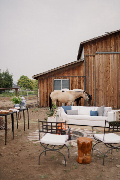There is a firepit with a white couch behind it and two iron chairs in front of it. On the left side is a s'mores bar. In the background is a weathered brown barn and a tan horse.