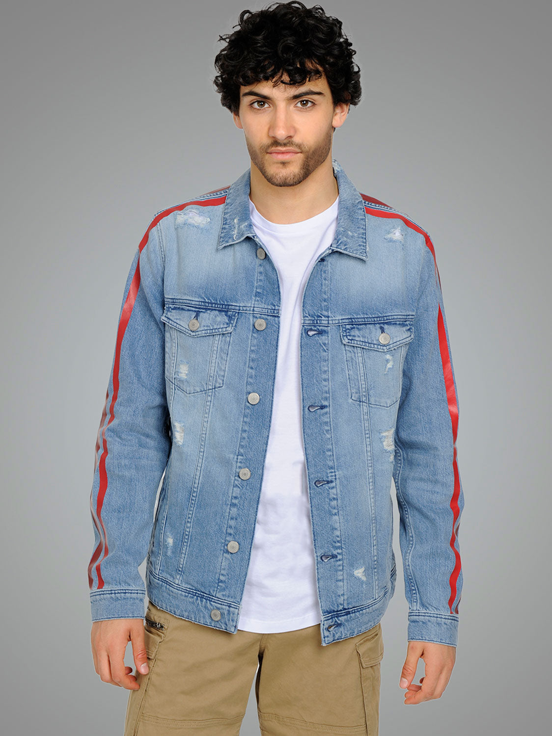 jean jacket with red stripe