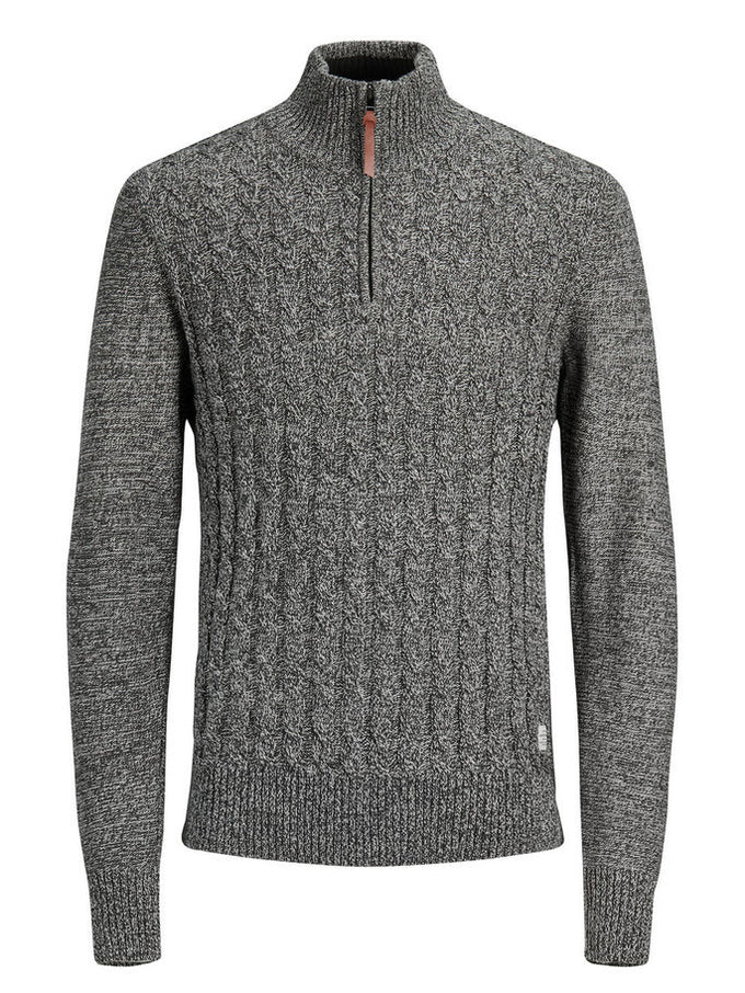 HALF-ZIP CABLE KNIT SWEATER | GREY