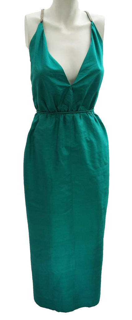 Vintage Emerald Green Silk Long Evening Gown with Diamante Straps, UK1 ...