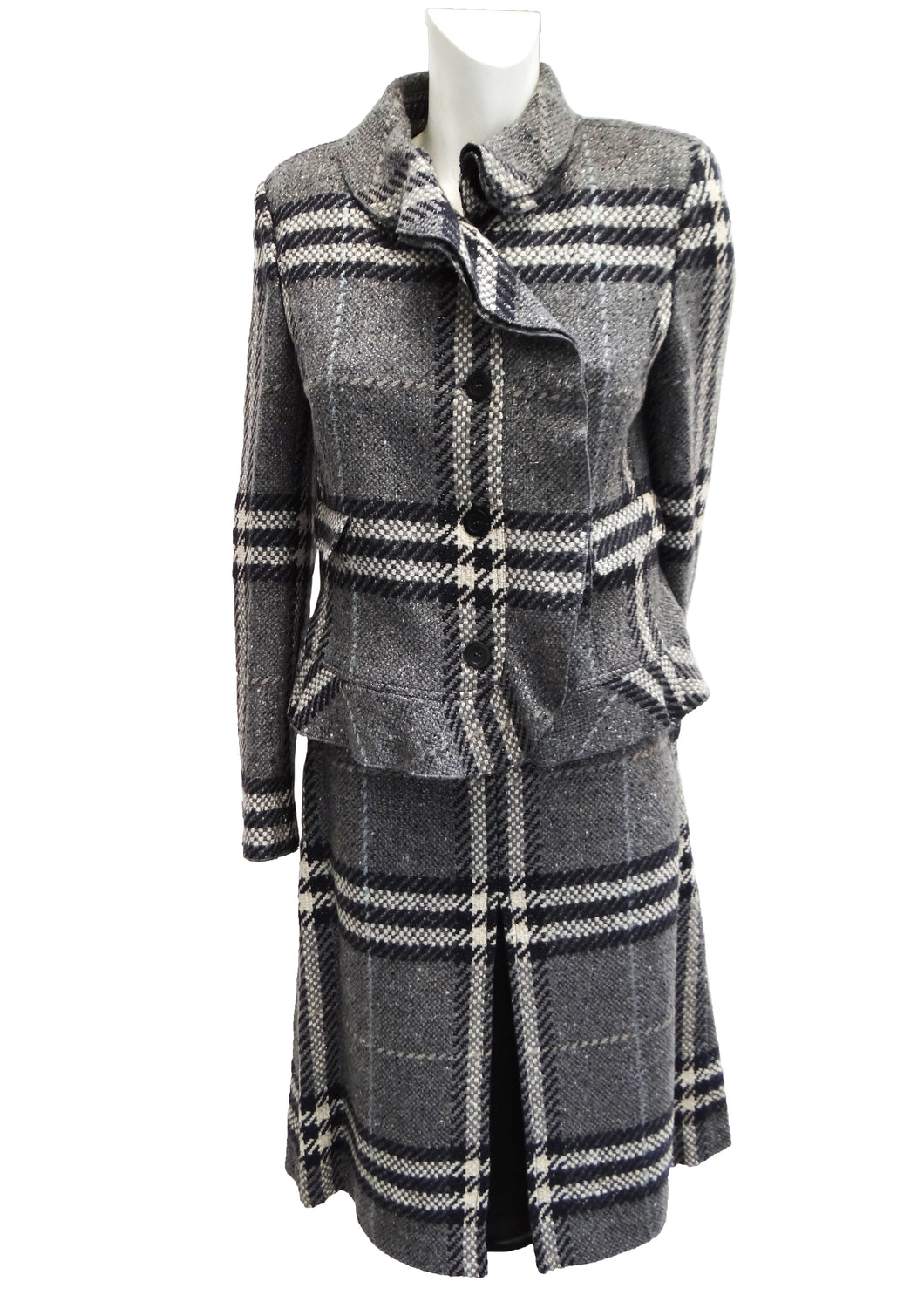 Burberry Tailored Skirt Suit in Grey Check Weave with Silver Thread, U –  Menage Modern Vintage